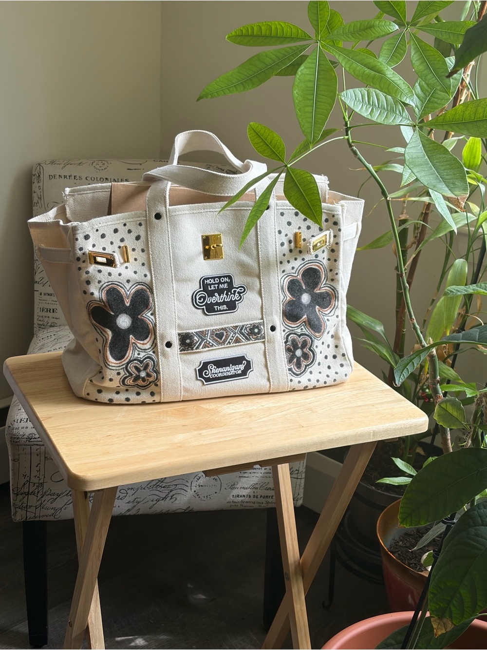 Neutral Floral Canvas Tote Bag with Black Accents